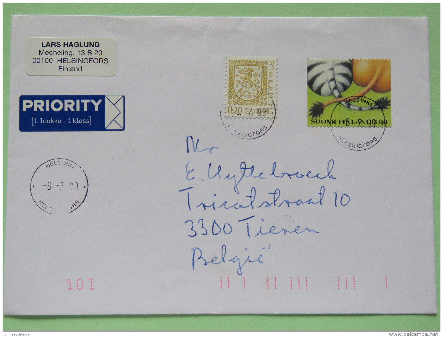 Finland 1999 Cover Helsinki To Belgium - Lion Arms - Lion And Zebra Friendship - Lettres & Documents