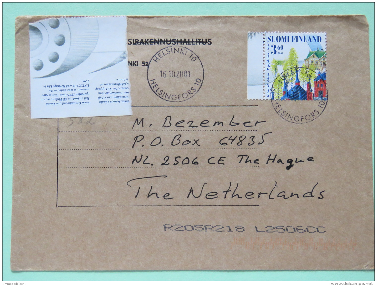 Finland 2001 Cover Helsinki To Holland - Church - Storia Postale
