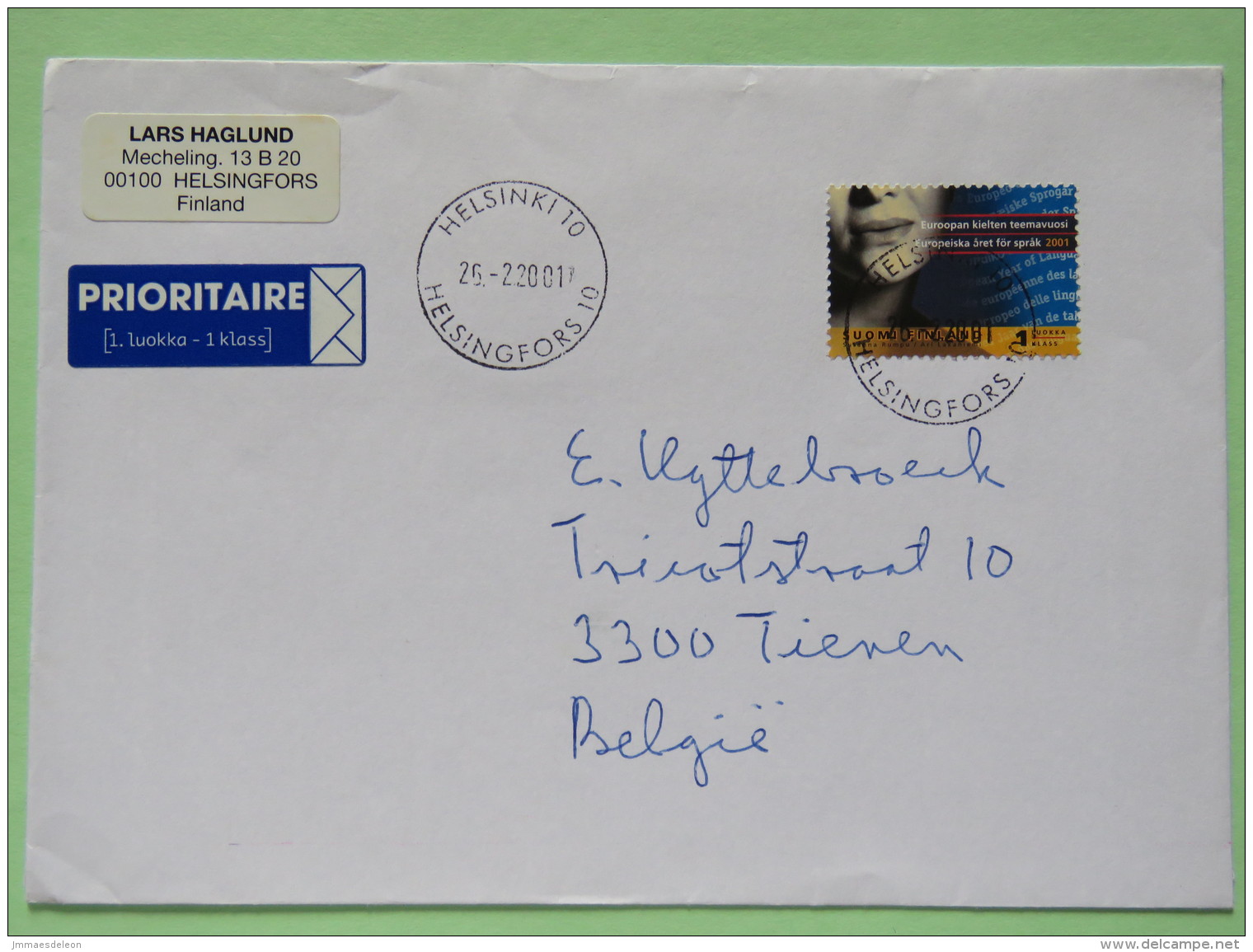 Finland 2001 Cover Helsinki To Belgium - European Year Of Languages - Lettres & Documents