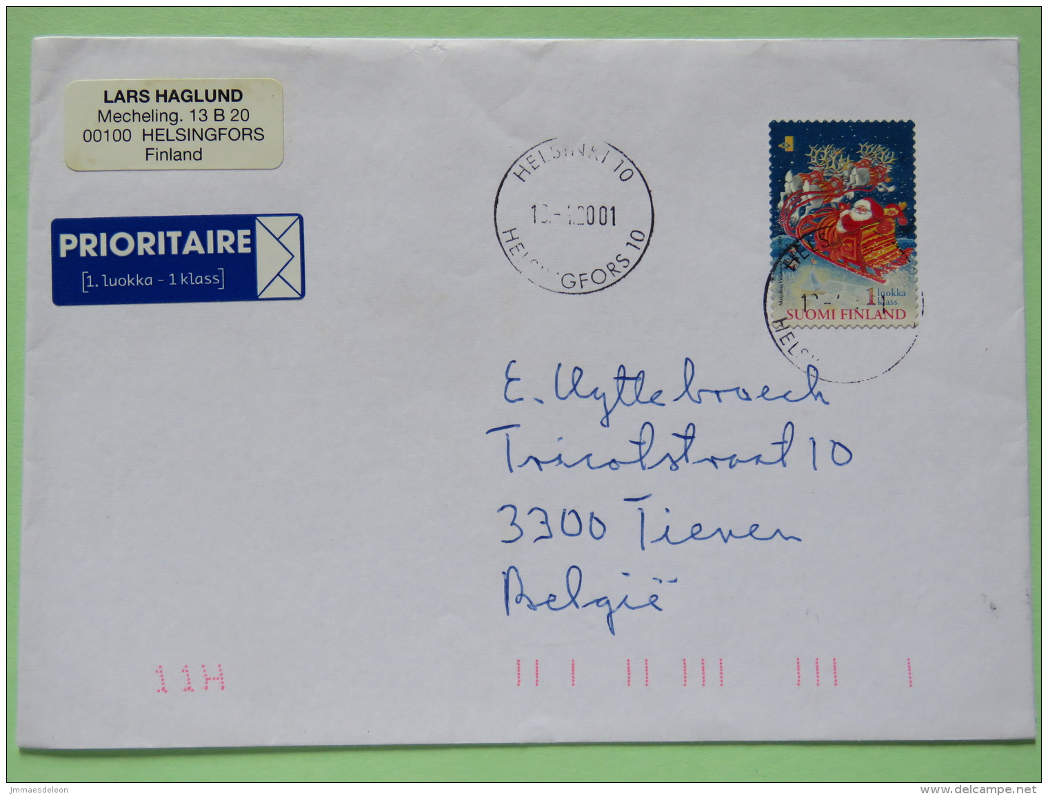 Finland 2001 Cover Helsinki To Belgium - Christmas - Santa With Reindeer Sledge - Cartas & Documentos