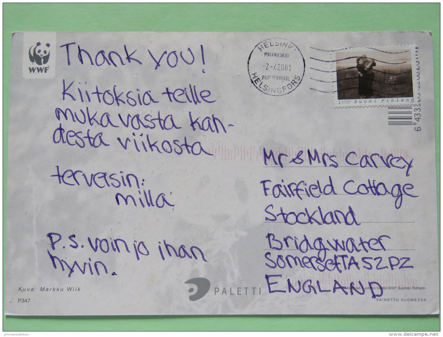 Finland 2001 Postcard ""Lily Of The Valley - WWF Panda Logo"" Helsinki To England - Tango - Cartas & Documentos