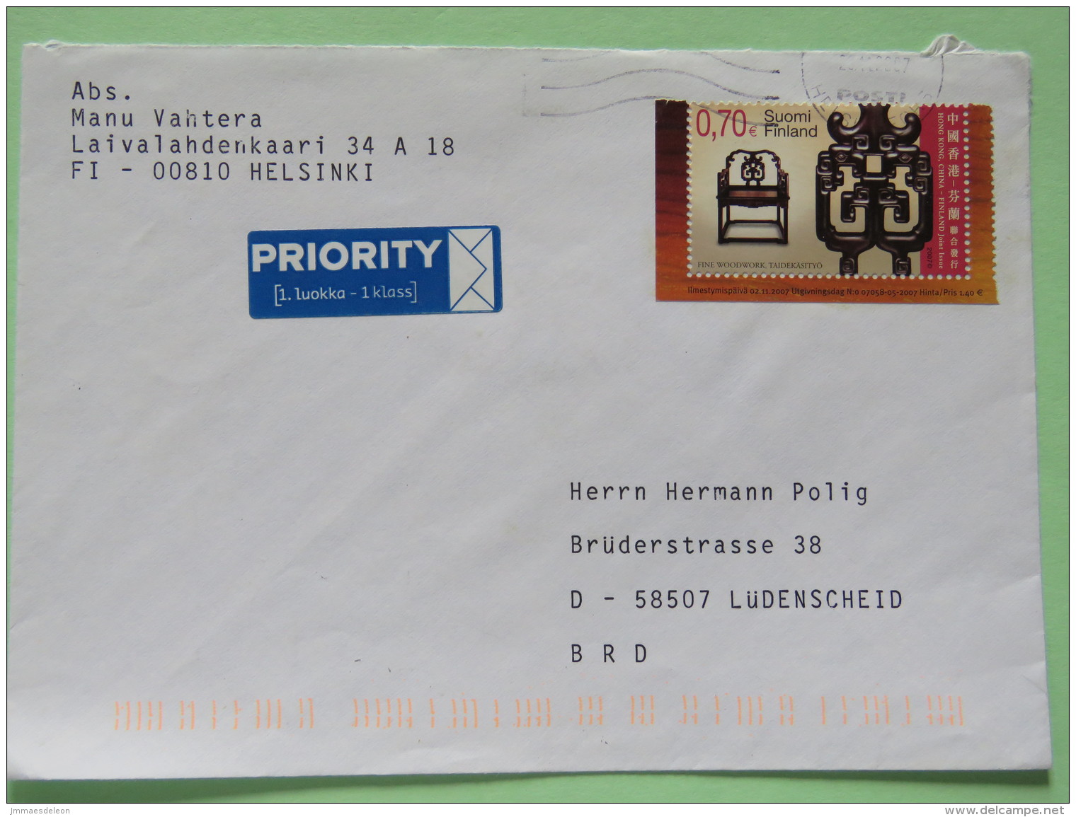 Finland 2007 Cover Helsinki To Germany - Woodwork - Joint Issue With Hong Kong - Chair With Dragon Design - Lettres & Documents