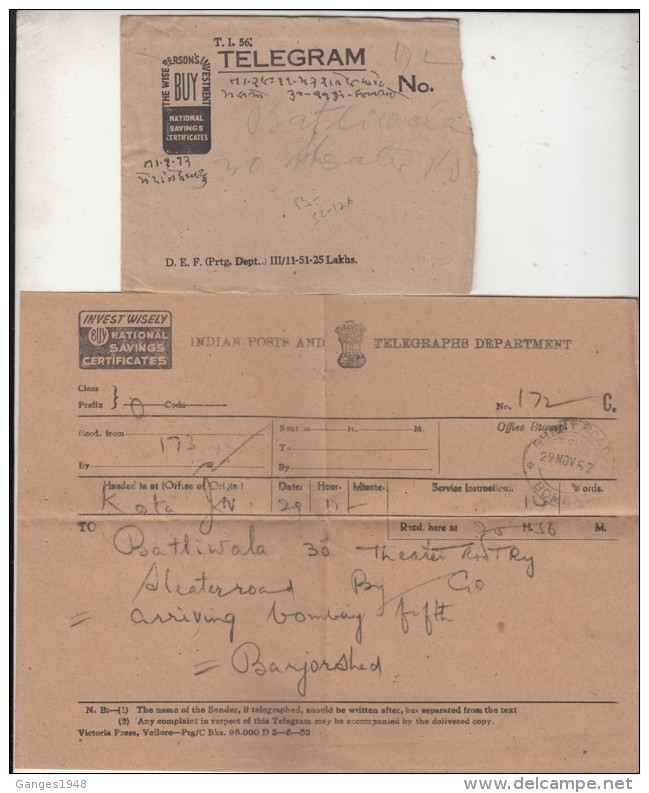 India 1952 Telegram Envelope Printed Safety Slogan With Telegram KOTA To Bombay #  98732    Inde Indien - Covers & Documents