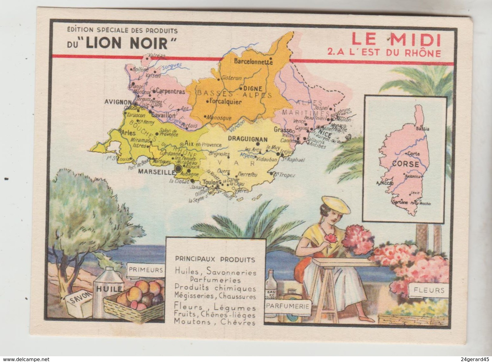 CARTON FORMAT CPSM CARTE GEOGRAPHIQUE PUBLICITAIRE - FRANCE Midi L'Est Du Rhone édition LION NOIR Fleurs Parfums Primeur - Maps