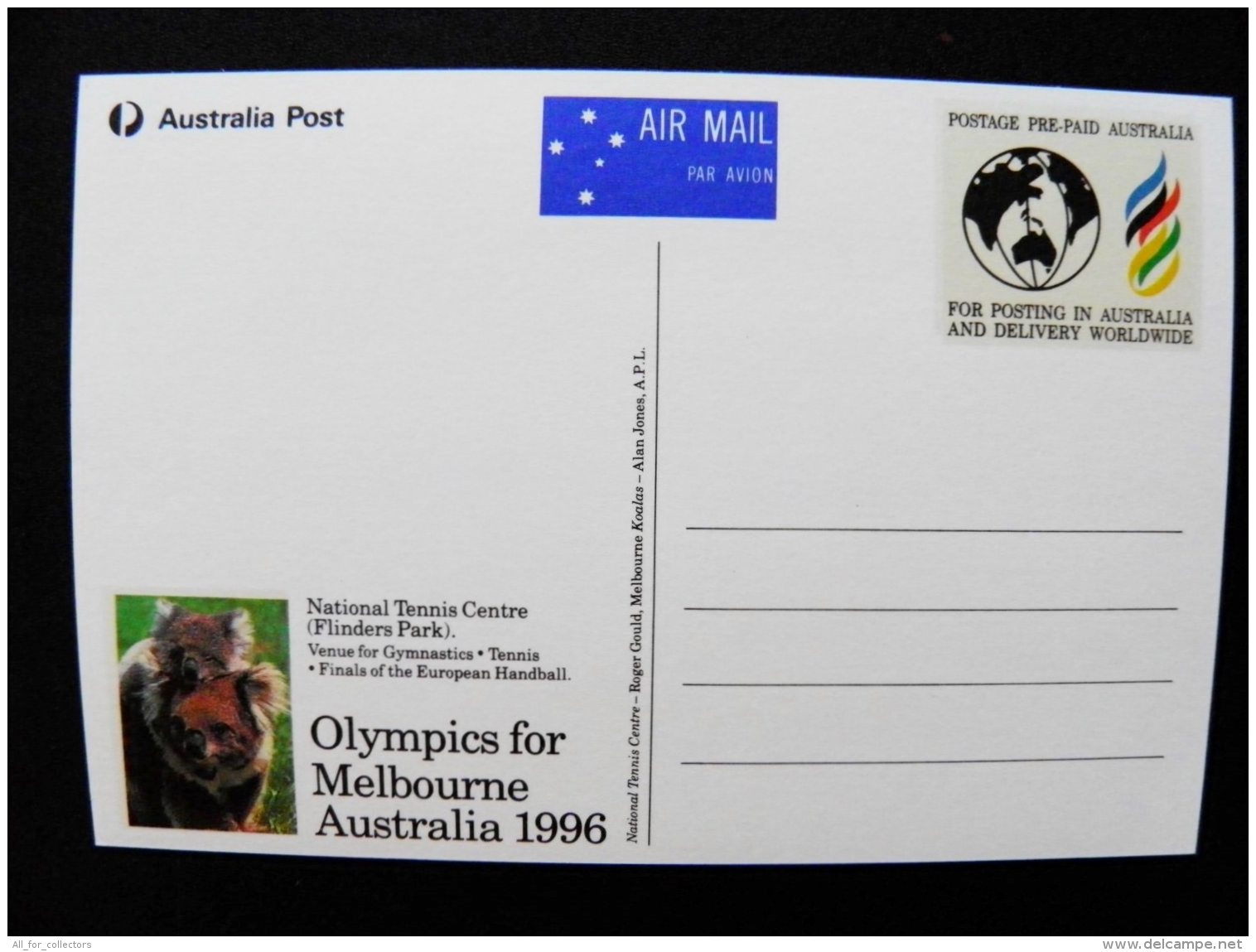 Post Card From Australia 1996 Olympics Gfor Melbourne Ani Mals Koala Postal Stationery Tennis Centre - Entiers Postaux