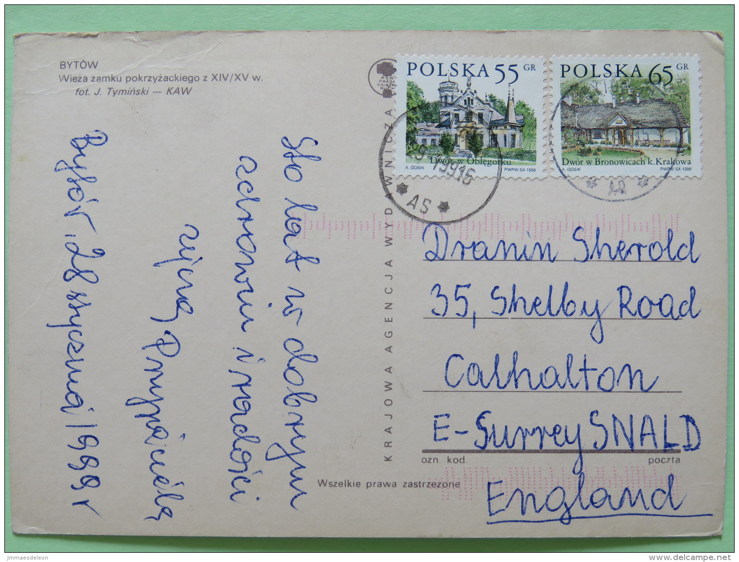 Poland 1999 Postcard ""Bytow Tower Castle"" To England - Country Estates Bronowicach And Oblegorku - Poland