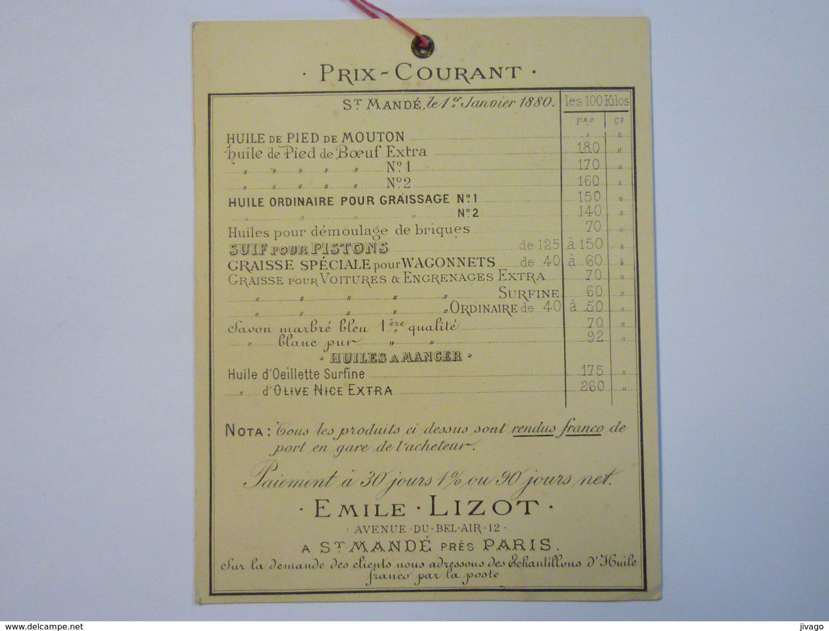 Petit Calendrier  PUB  Emile  LIZOT  à ST-MANDE   1880    - Tamaño Pequeño : ...-1900