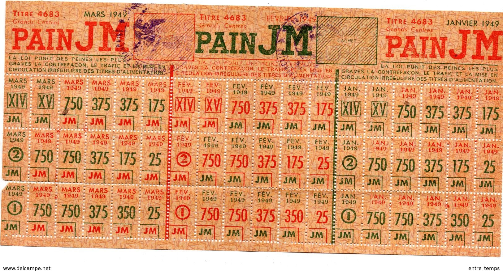 Tickets Rationnement Pain 1949 Titre PAIN JM - 1900 – 1949