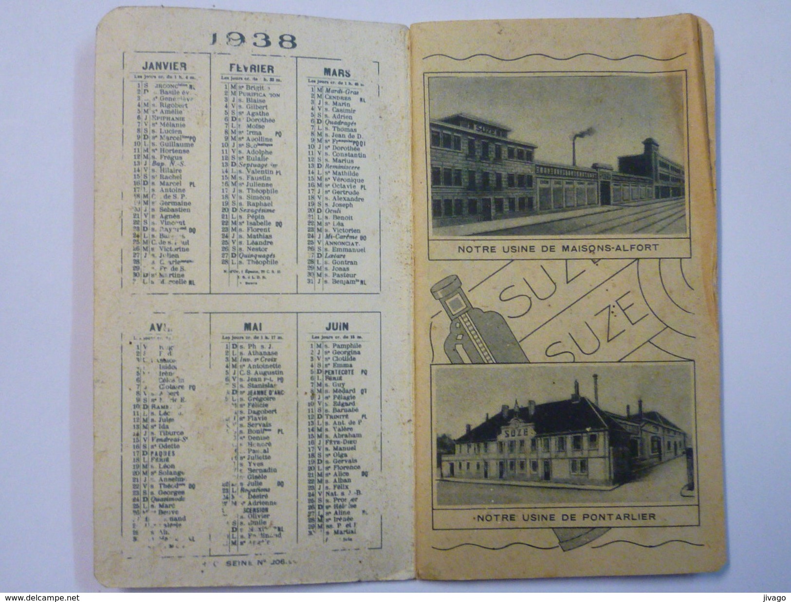 PETIT CARNET-CALENDRIER  1938  "PUB"   SUZE    - Alcohols