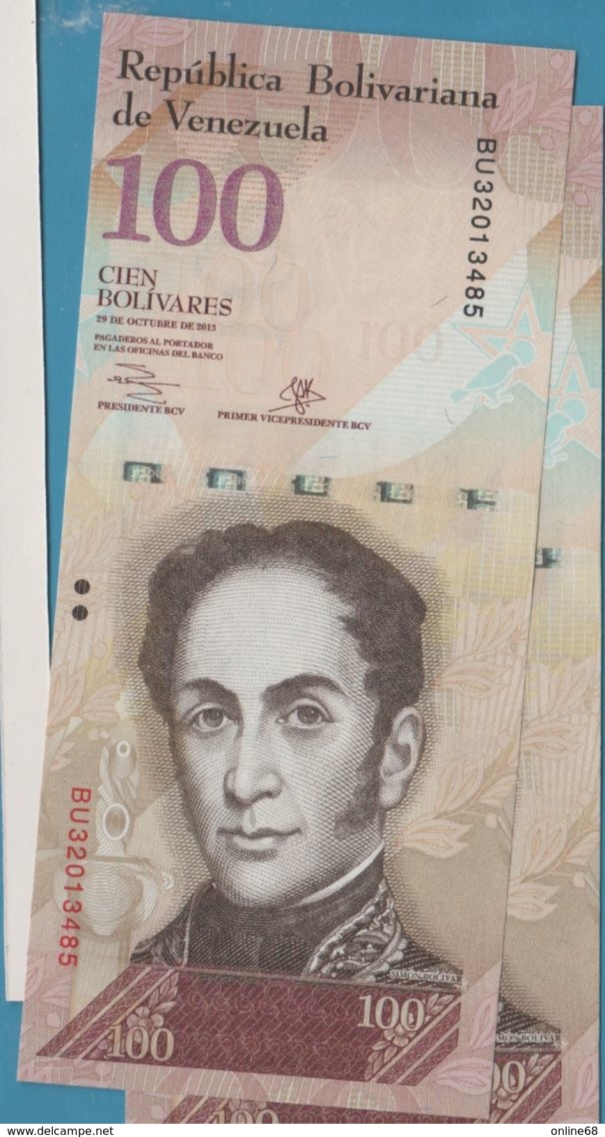 VENEZUELA 100 Bolivares 29.10.2013 Serie BU 3201348x P# 93g - Venezuela