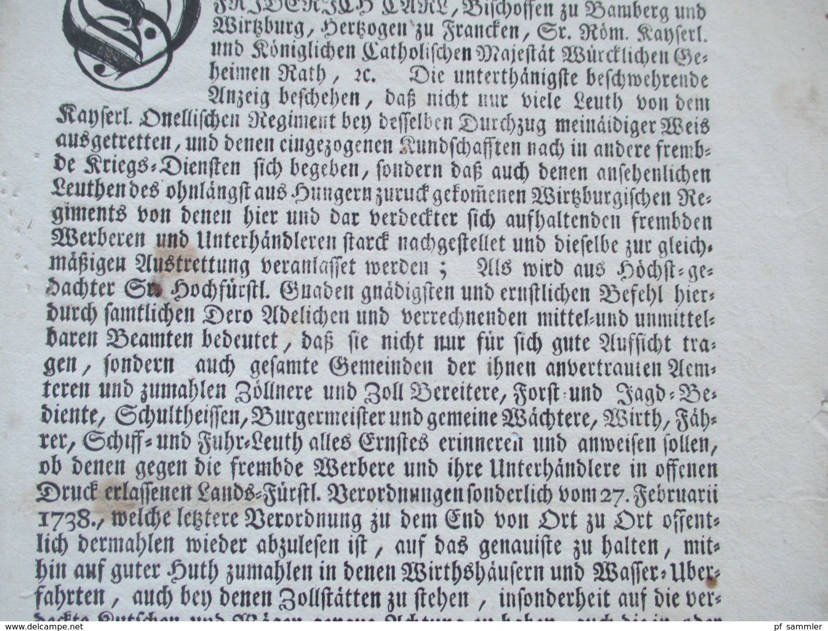 Dekret / Decretum / Verordnung. Hochfürstl Wirzburg 1740 Würzburg. Meinaid / Soldaten Diener Und Beamte. Gesetzestext - Gesetze & Erlasse