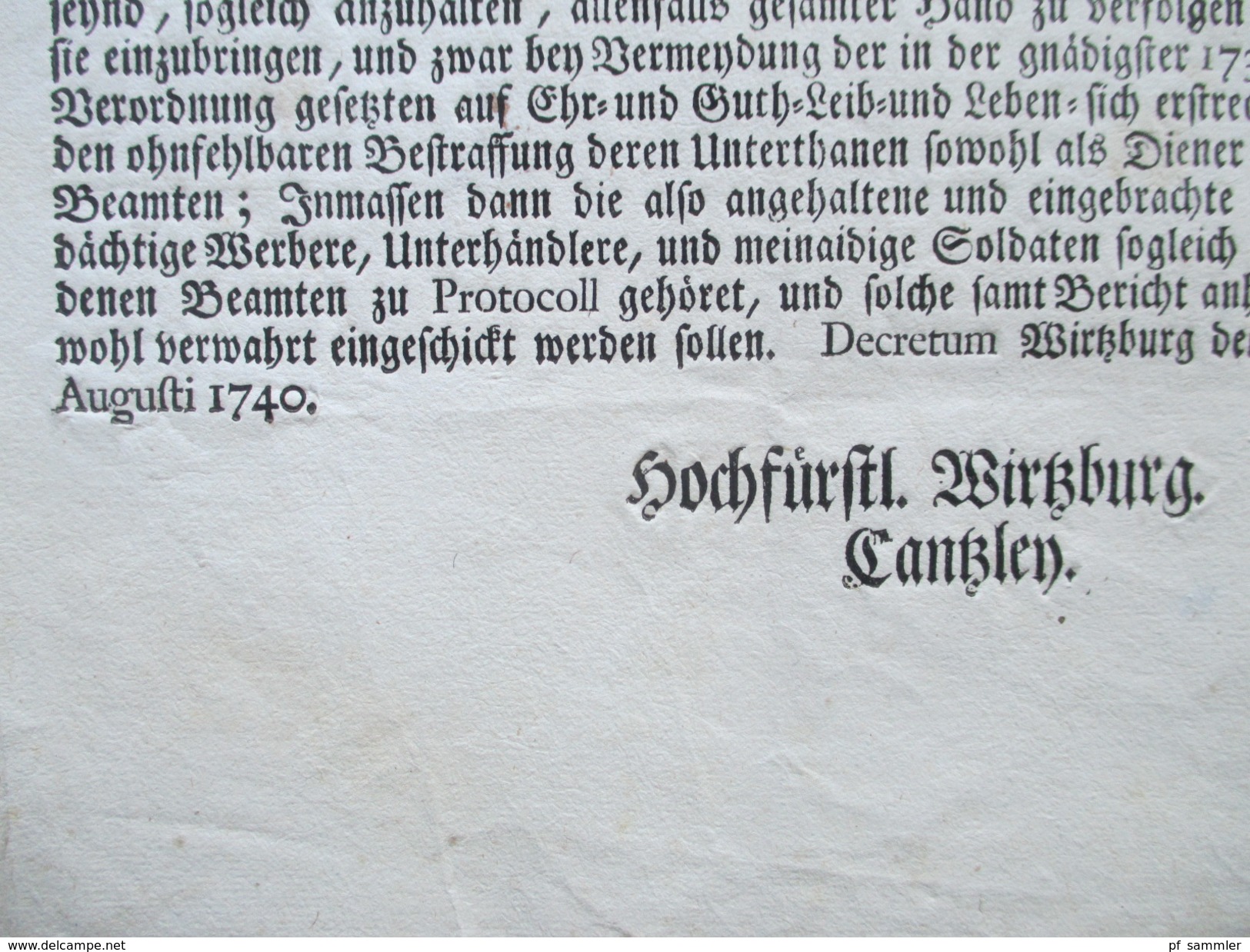 Dekret / Decretum / Verordnung. Hochfürstl Wirzburg 1740 Würzburg. Meinaid / Soldaten Diener und Beamte. Gesetzestext