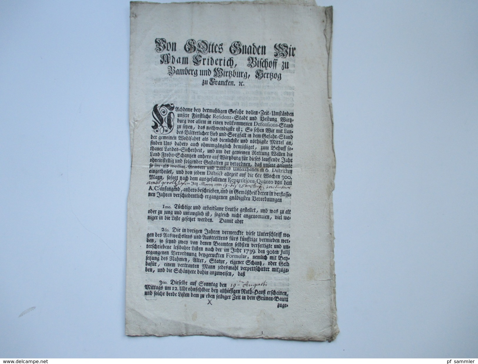 Hochfürstl. Wirzburg 1759 Dekret / Decretum. Von Gottes Gnaden Adam Friedrich Bischoff Zu Bamberg Und Wirzburg. RRR - Decrees & Laws