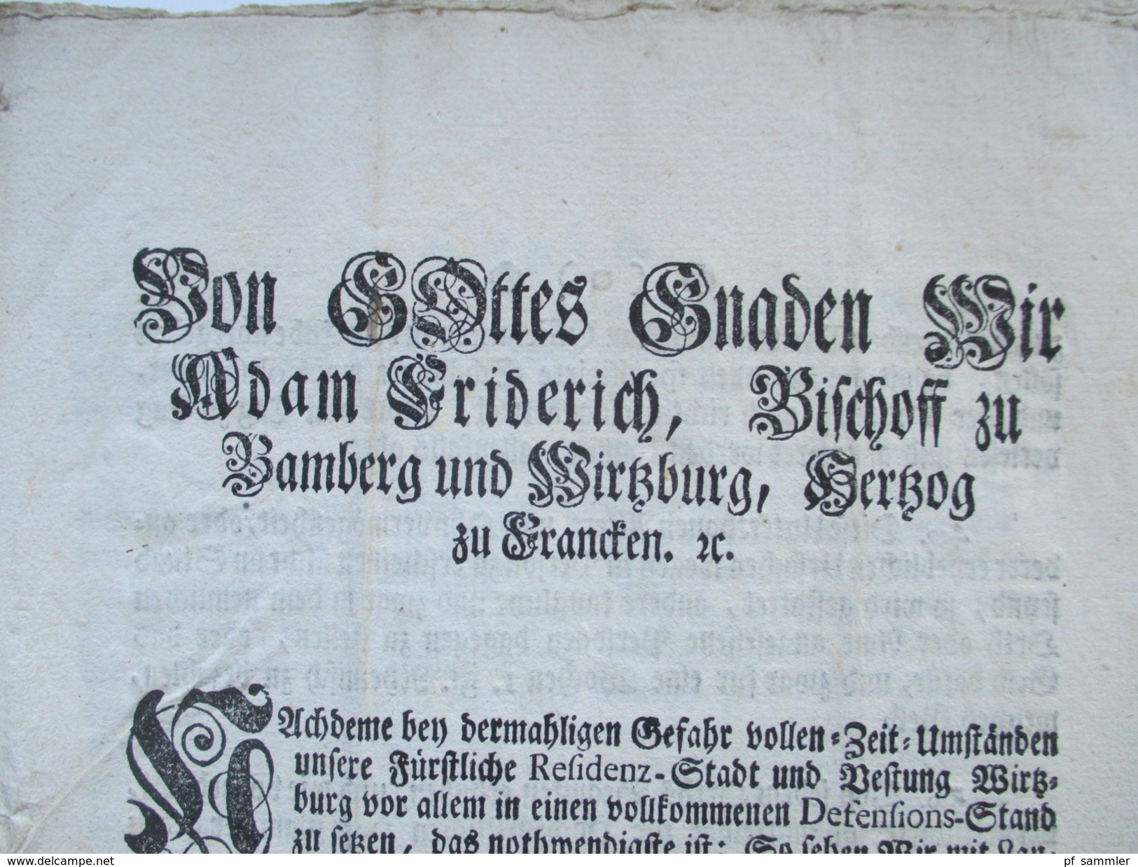 Hochfürstl. Wirzburg 1759 Dekret / Decretum. Von Gottes Gnaden Adam Friedrich Bischoff Zu Bamberg Und Wirzburg. RRR - Decreti & Leggi