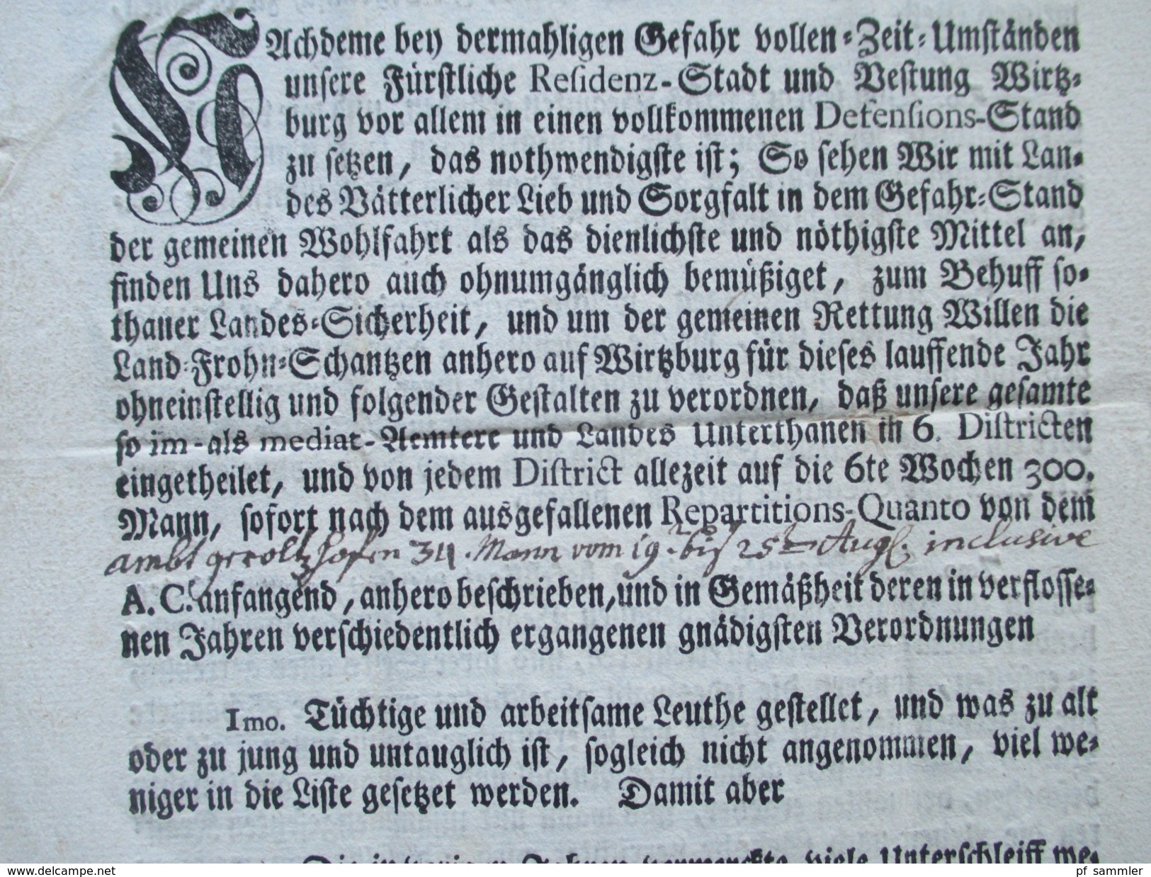 Hochfürstl. Wirzburg 1759 Dekret / Decretum. Von Gottes Gnaden Adam Friedrich Bischoff Zu Bamberg Und Wirzburg. RRR - Decrees & Laws