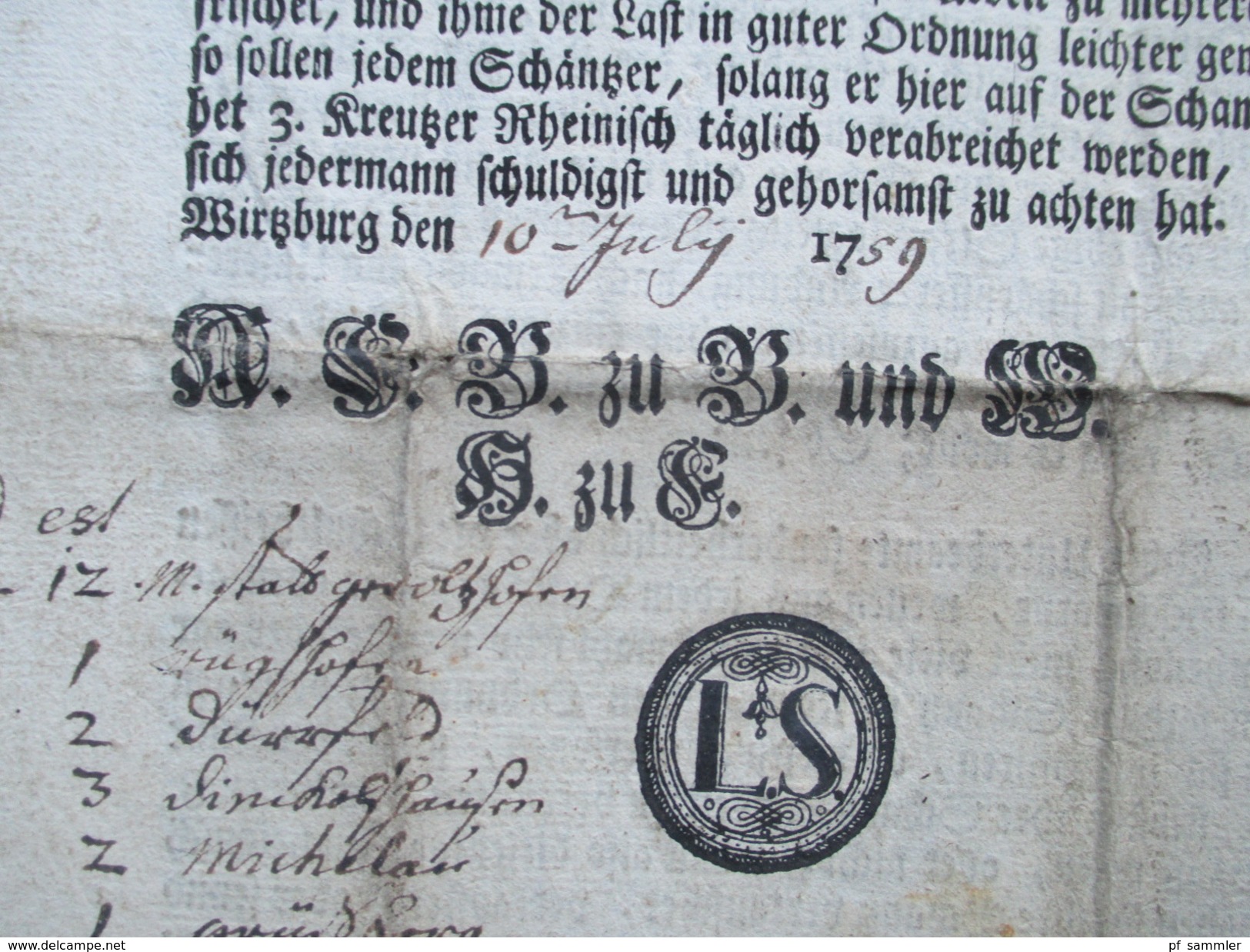 Hochfürstl. Wirzburg 1759 Dekret / Decretum. Von Gottes Gnaden Adam Friedrich Bischoff zu Bamberg und Wirzburg. RRR