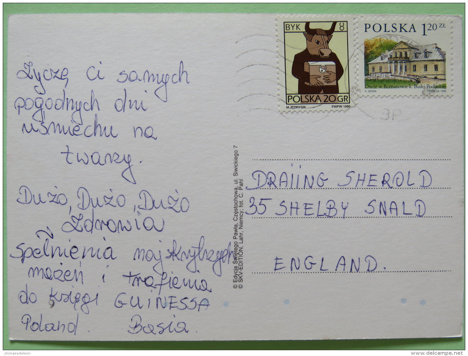 Poland 1999 Postcard ""flowers"" To England - Zodiac Taurus - Country Estates Romanowie - Poland