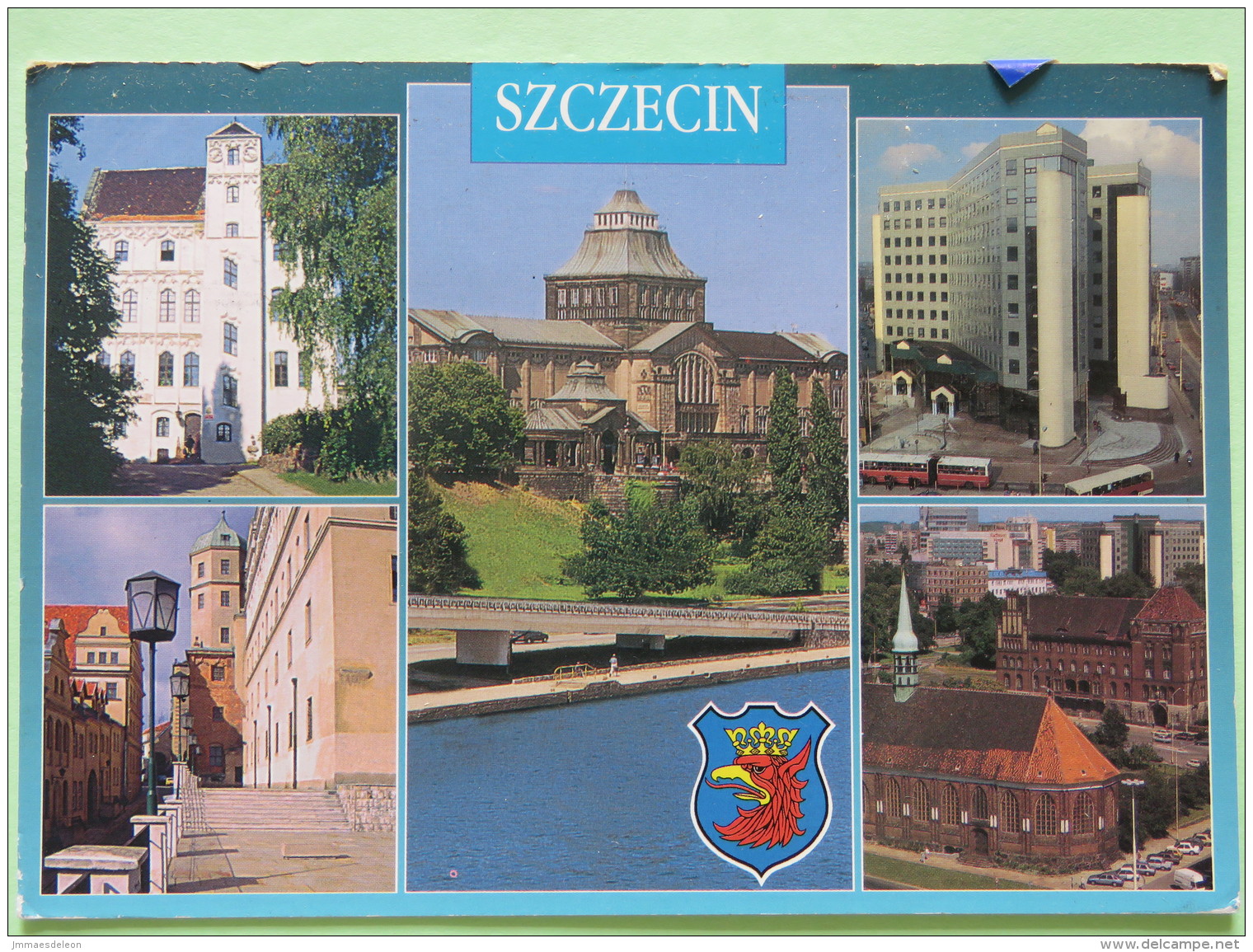 Poland 1999 Postcard ""Szczecin Arms Eagle Buildings Church Town Hall Bus"" To England - Zodiac Cancer - Country Estates - Poland