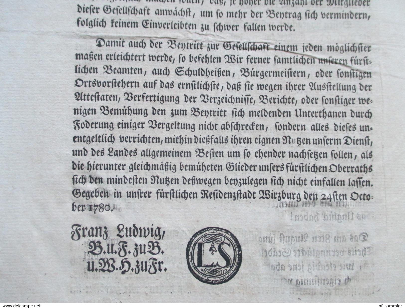 Erlass / Dekret / Verordnung 1780 Wirzburg Franz Ludwig von Erthal Bischof zu Bamberg und Wirzburg. Römisches Reich