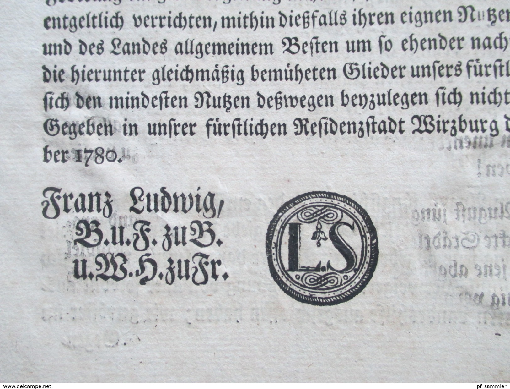 Erlass / Dekret / Verordnung 1780 Wirzburg Franz Ludwig von Erthal Bischof zu Bamberg und Wirzburg. Römisches Reich