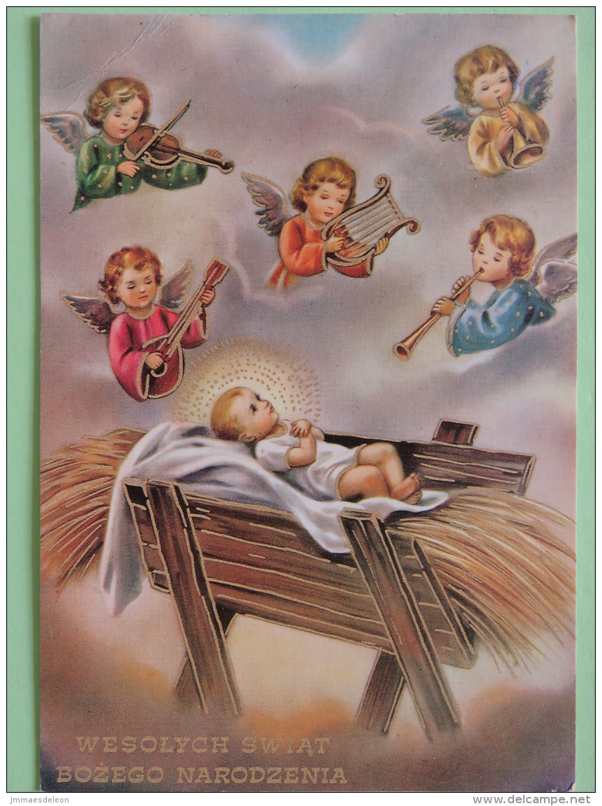 Poland 1999 Postcard ""Christmas Painting Baby Christ With Music Angels"" Wejhekowo To England - Zodiac Cancer - Country - Poland