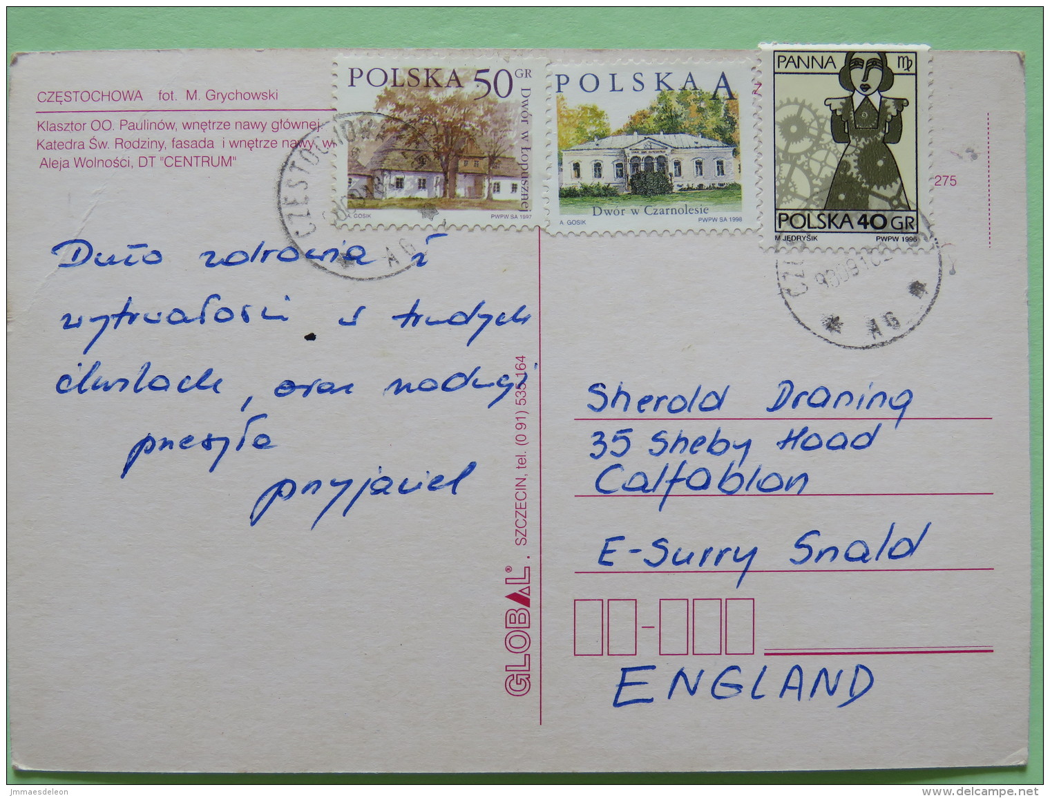 Poland 1999 Postcard ""Czestochowa Cathedral Mac Donald"" To England - Zodiac Virgo - Country Estates Lopusznej And Czar - Poland