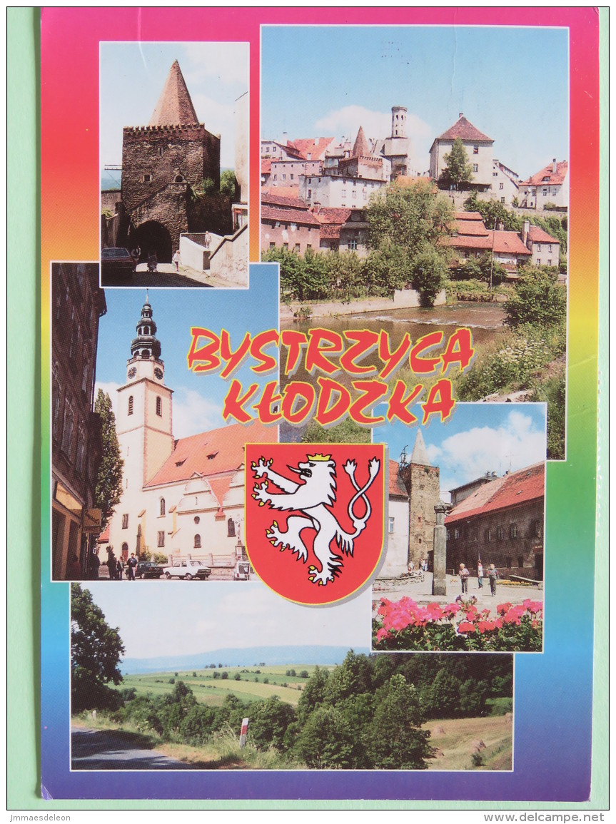 Poland 1999 Postcard ""Bystrzyca Klodzka Arms Lion Church Castle"" To England - Country Estates Gluchach - Poland