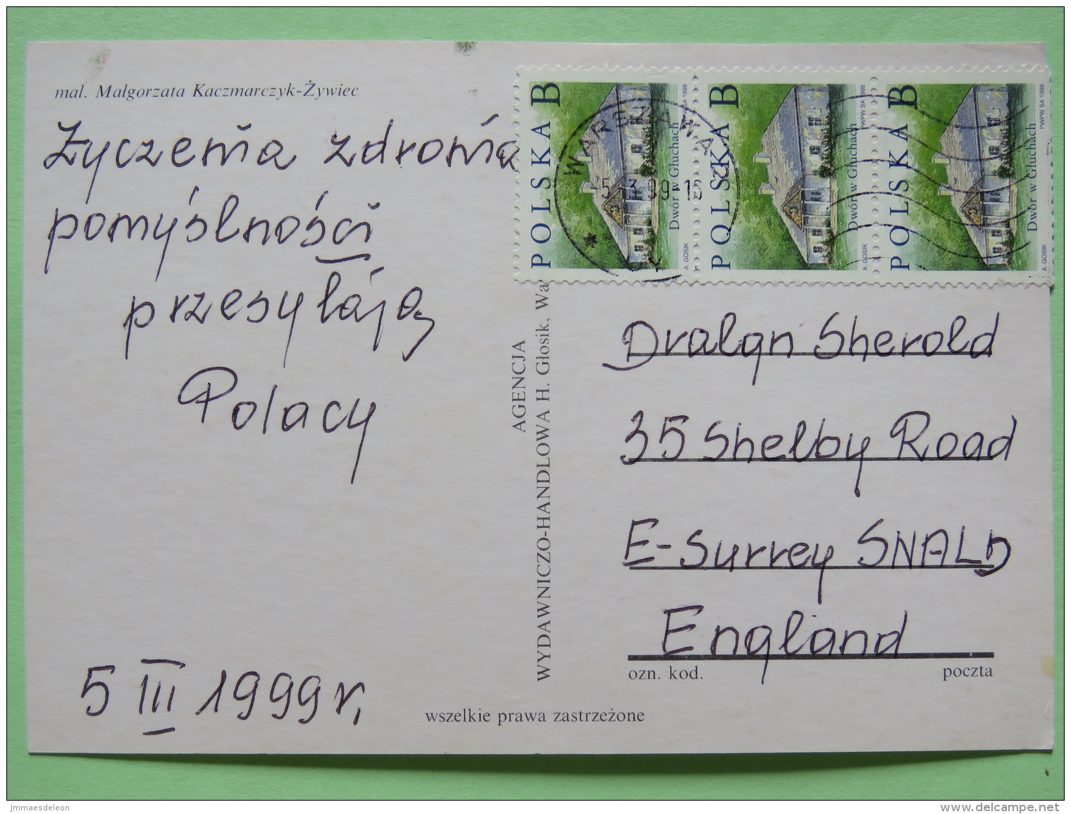 Poland 1999 Postcard ""flowers"" Warszawa To England - Country Estates Gluchach - Poland