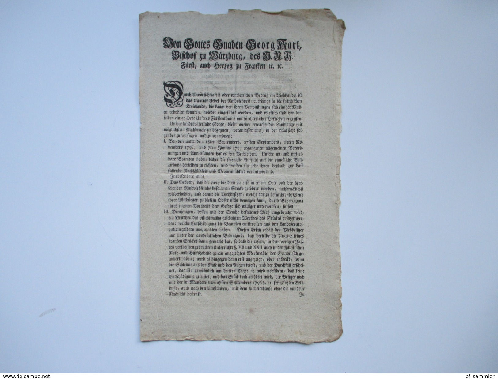 Dekret / Erlass / Würzburg 1797 Von Gottes Gnaden Georg Karl Bischof Zu Würzburg. Betrug Im Viehandel - Historische Dokumente