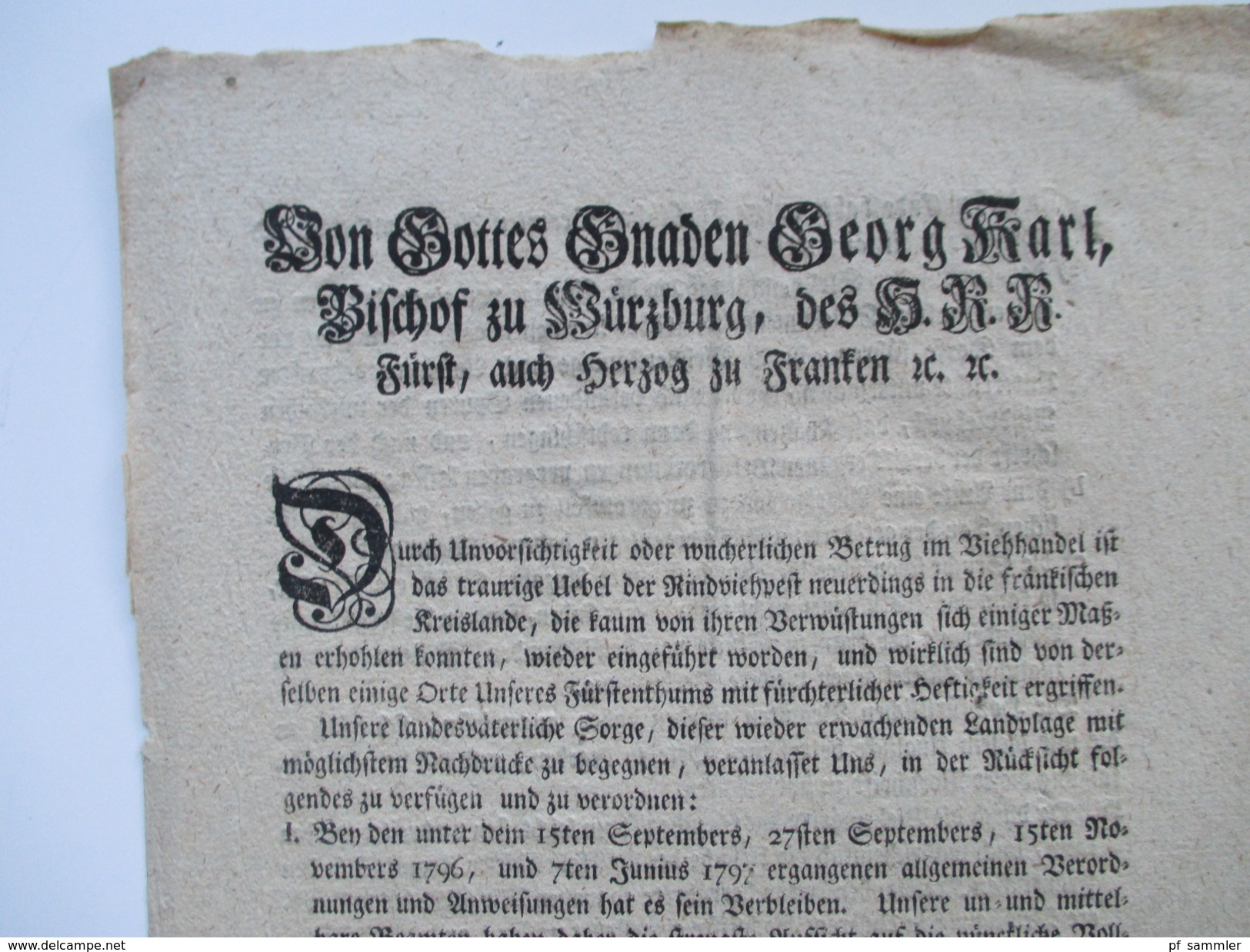 Dekret / Erlass / Würzburg 1797 Von Gottes Gnaden Georg Karl Bischof Zu Würzburg. Betrug Im Viehandel - Historische Dokumente