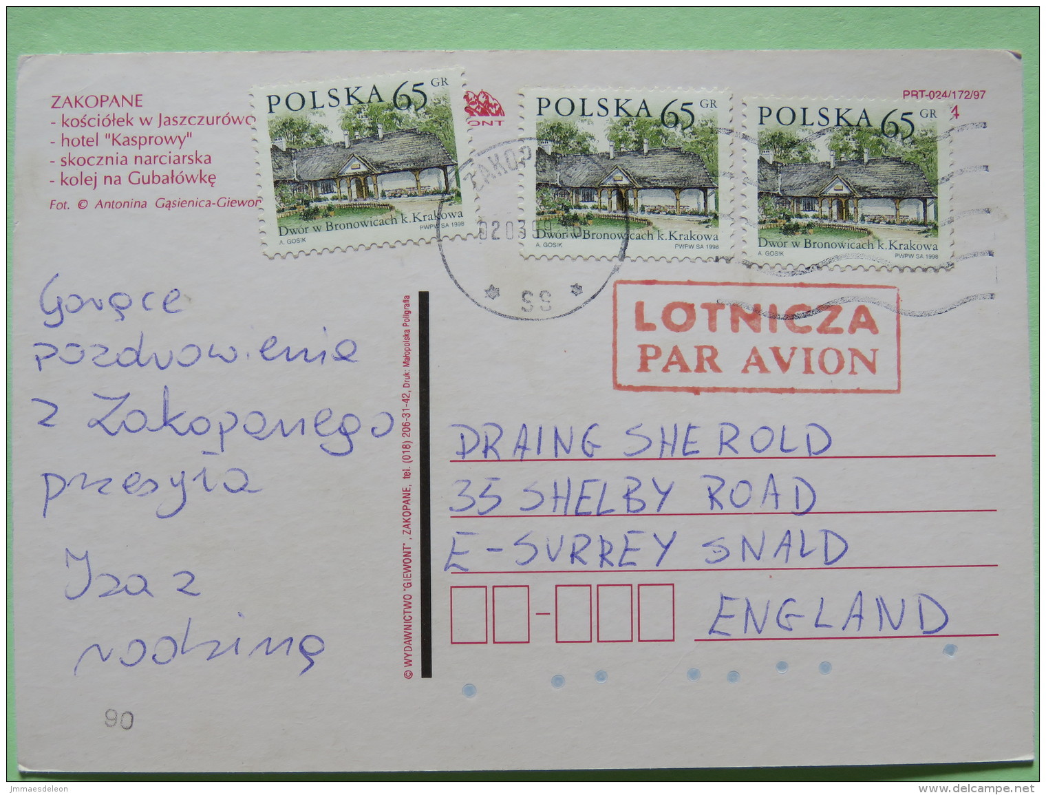 Poland 1999 Postcard ""Zakopane Mountains Arms Hotel Tramway Ski"" To England - Country Estates Bronowicach - Poland