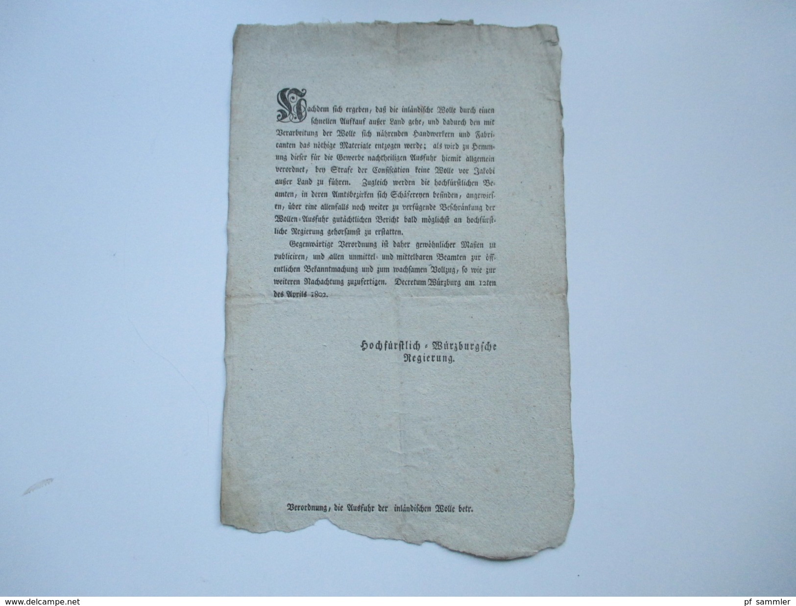 Dekret / Erlass / Würzburg 1802 Decretum. Verkauf Von Wolle / Keine Wolle Vor Jakobi Außer Land Zu Führen - Decretos & Leyes