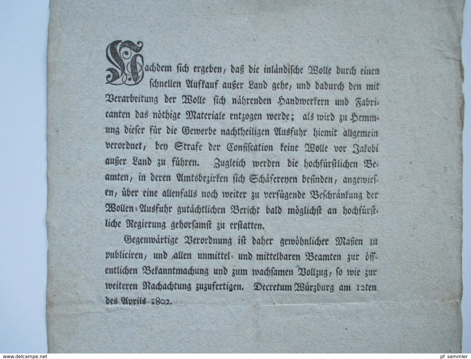 Dekret / Erlass / Würzburg 1802 Decretum. Verkauf Von Wolle / Keine Wolle Vor Jakobi Außer Land Zu Führen - Decrees & Laws