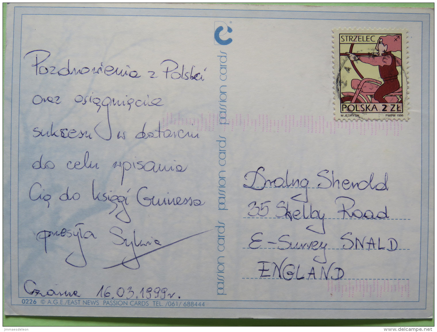Poland 1999 Postcard ""baby"" Zakopane To England - Zodiac Sagittarius With Bow And Motorcycle - Poland