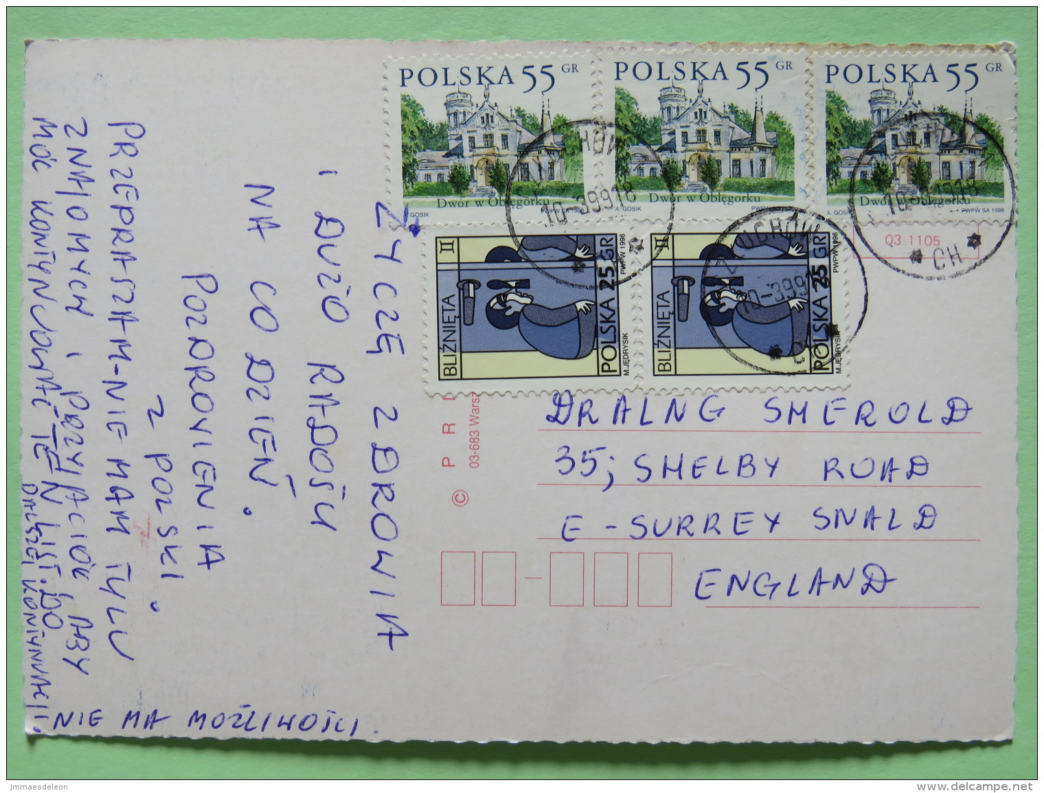 Poland 1999 Postcard ""flowers Roses"" Zluchow To England - Country Estates Oblegorku - Zodiac Gemini - Poland