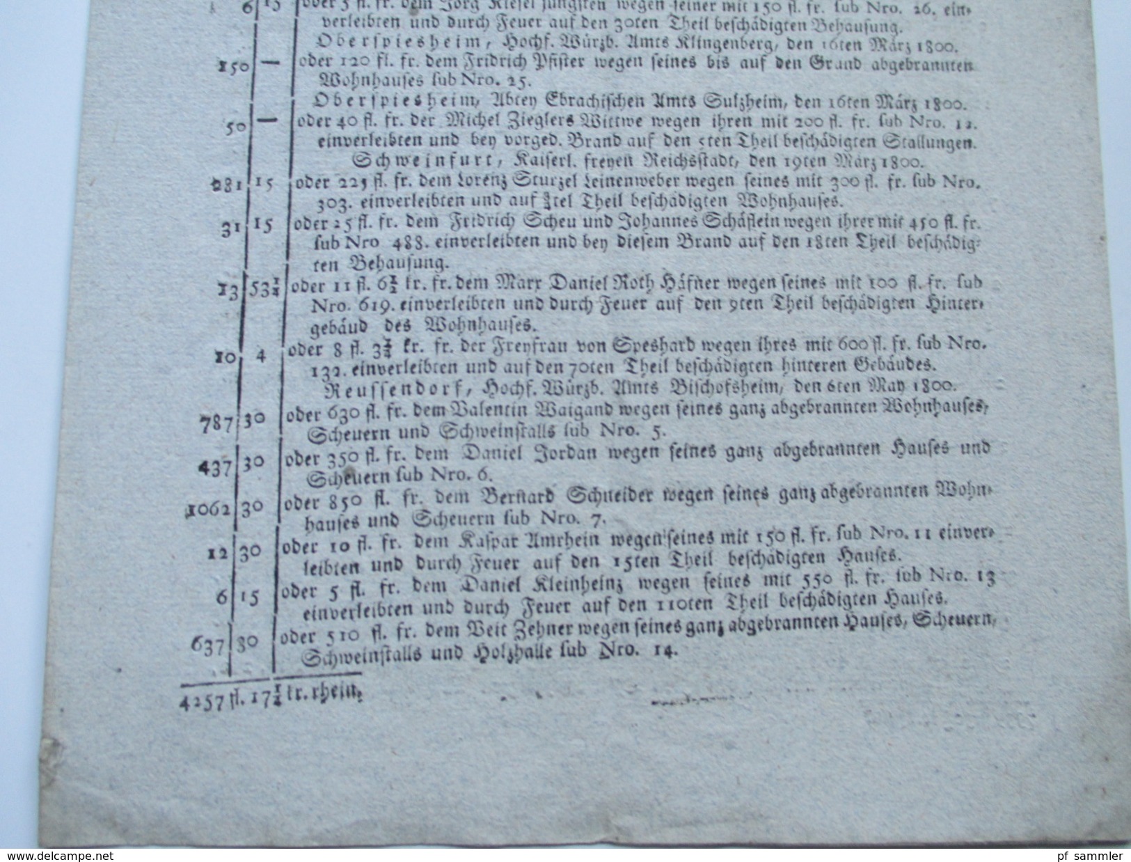 Auschreiben Hochfürtsl. Würzburgische Brandgewährungs Gesellschafft 2. März Bis Ende Dezember 1800. Einnahmen / Ausgaben - Historische Dokumente