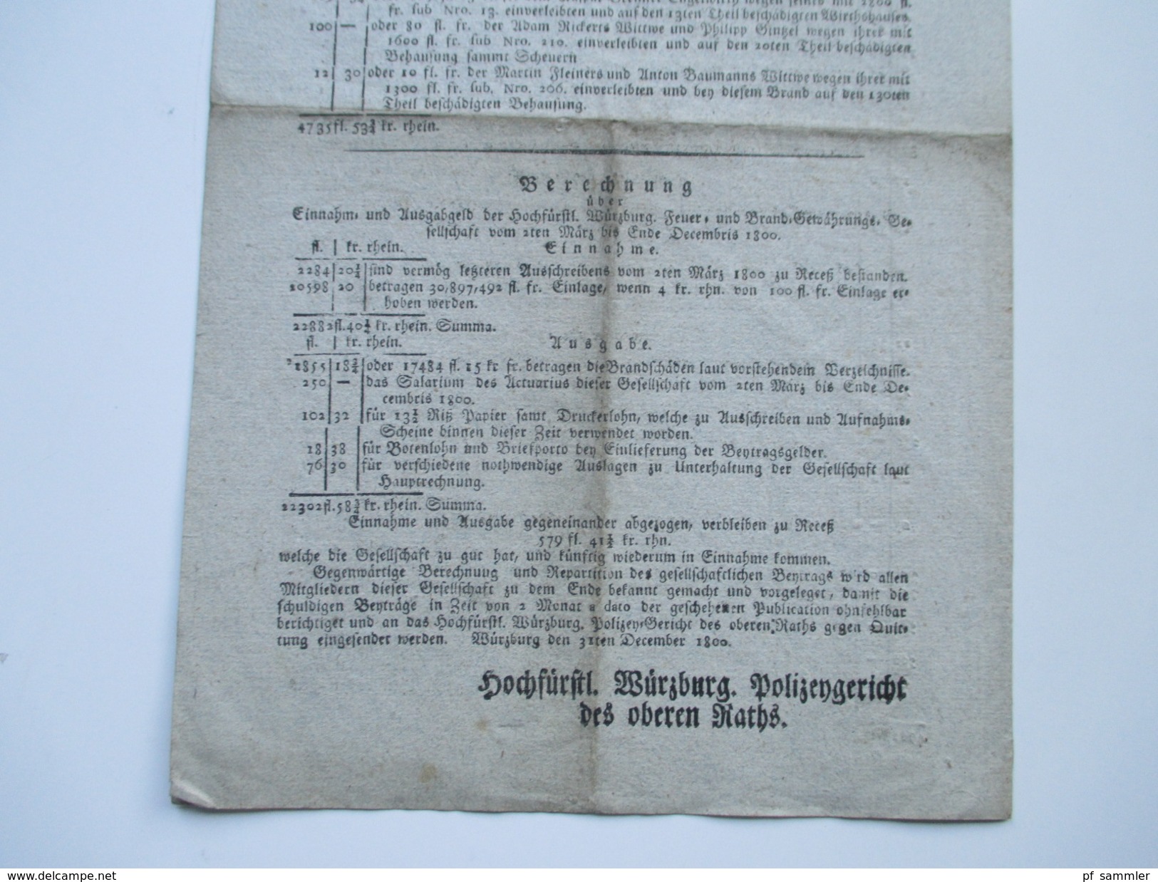 Auschreiben hochfürtsl. Würzburgische Brandgewährungs Gesellschafft 2. März bis Ende Dezember 1800. Einnahmen / Ausgaben