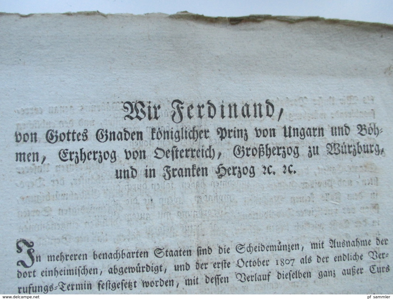 Franz Ferdinand Königlicher Prinz Von Ungarn Und Böhmen, Erzherzog Von Österreich. 1806 Dekret über Fremde Scheidemünzen - Decretos & Leyes