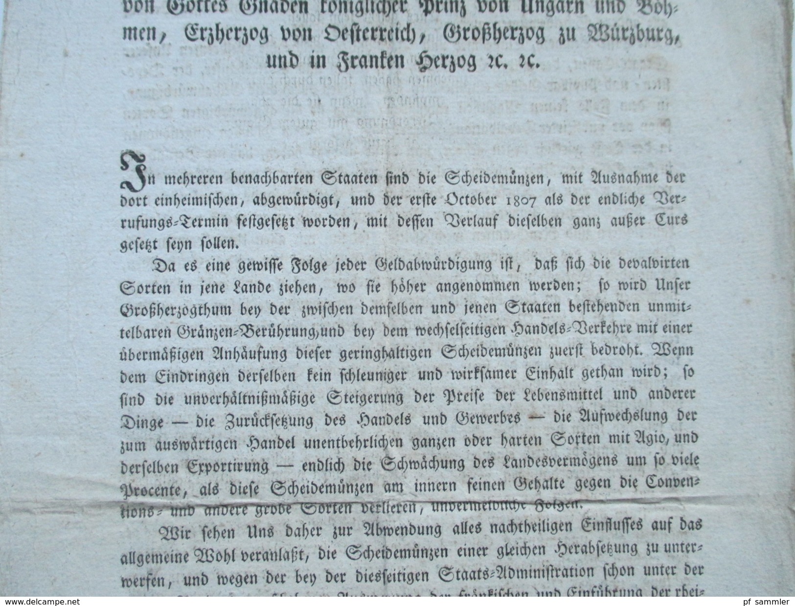 Franz Ferdinand Königlicher Prinz Von Ungarn Und Böhmen, Erzherzog Von Österreich. 1806 Dekret über Fremde Scheidemünzen - Decreti & Leggi