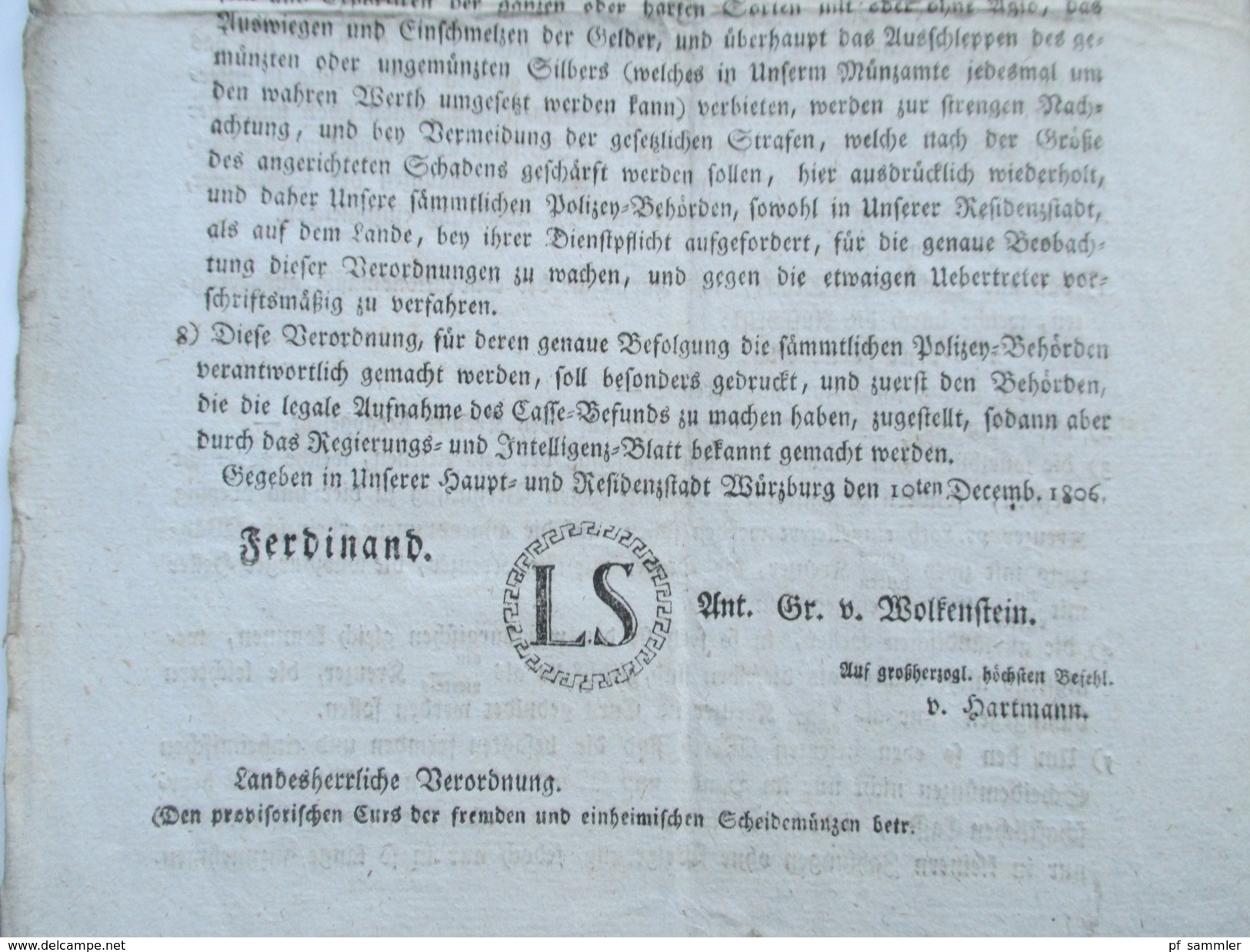 Franz Ferdinand königlicher Prinz von Ungarn und Böhmen, Erzherzog von Österreich. 1806 Dekret über fremde Scheidemünzen