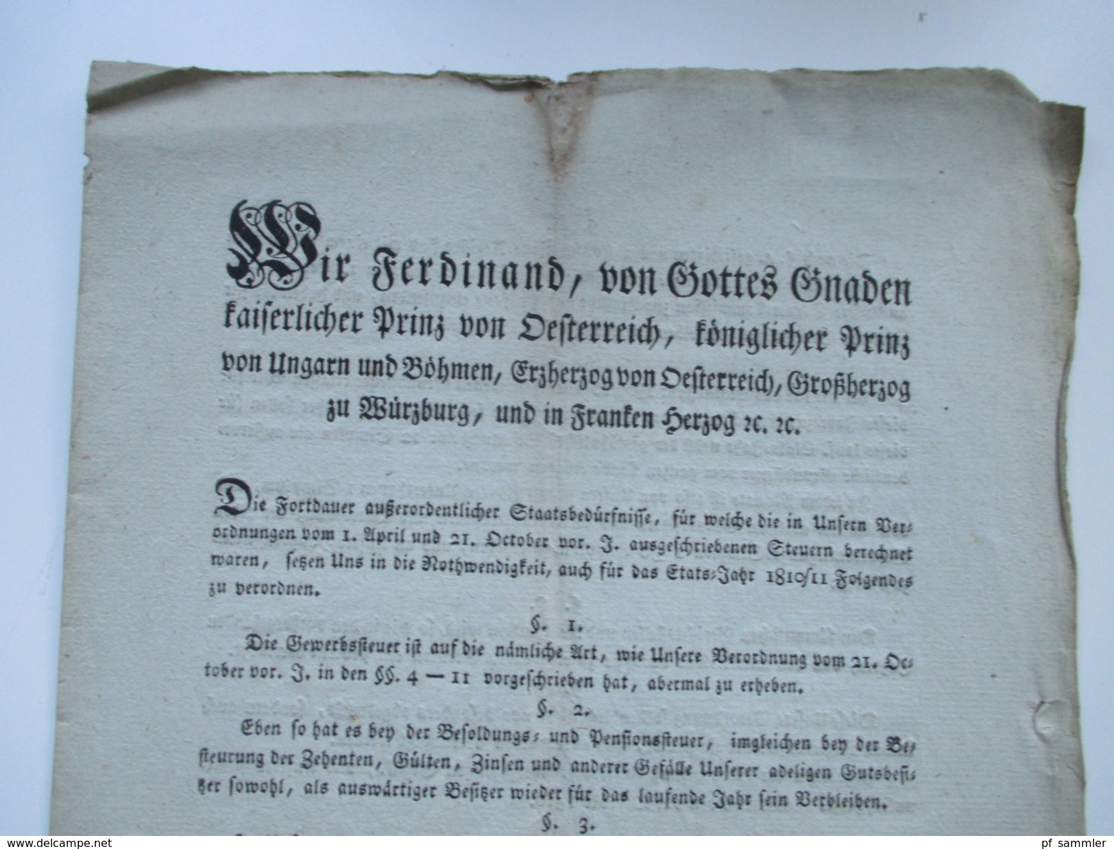 Franz Ferdinand Kaiserlicher Prinz Von Österreich Königl. Prinz Von Ungarn Und Böhmen. 1810 Erlass über Steuern - Decretos & Leyes