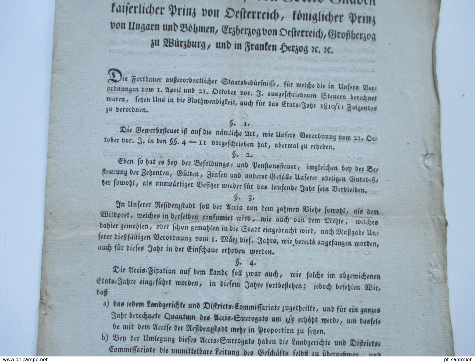 Franz Ferdinand Kaiserlicher Prinz Von Österreich Königl. Prinz Von Ungarn Und Böhmen. 1810 Erlass über Steuern - Gesetze & Erlasse