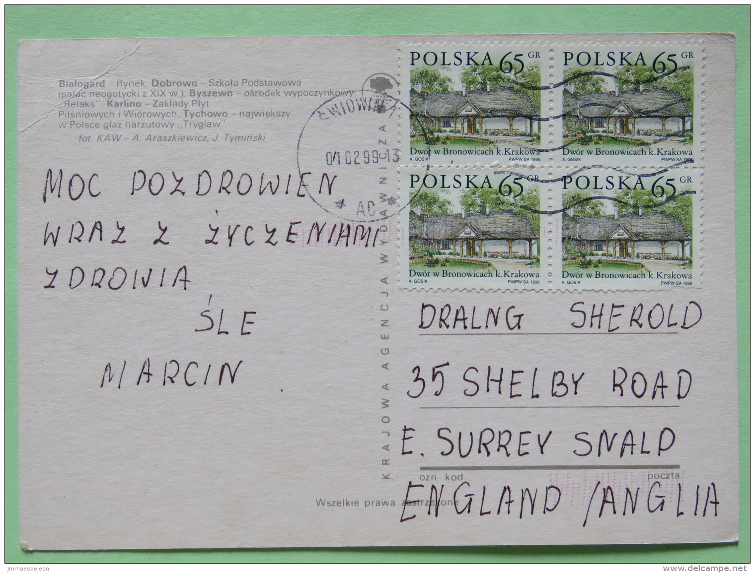 Poland 1999 Postcard ""Bialogard Church Rock River Car "" To England - Country Estates Bronowicach (x4) - Poland