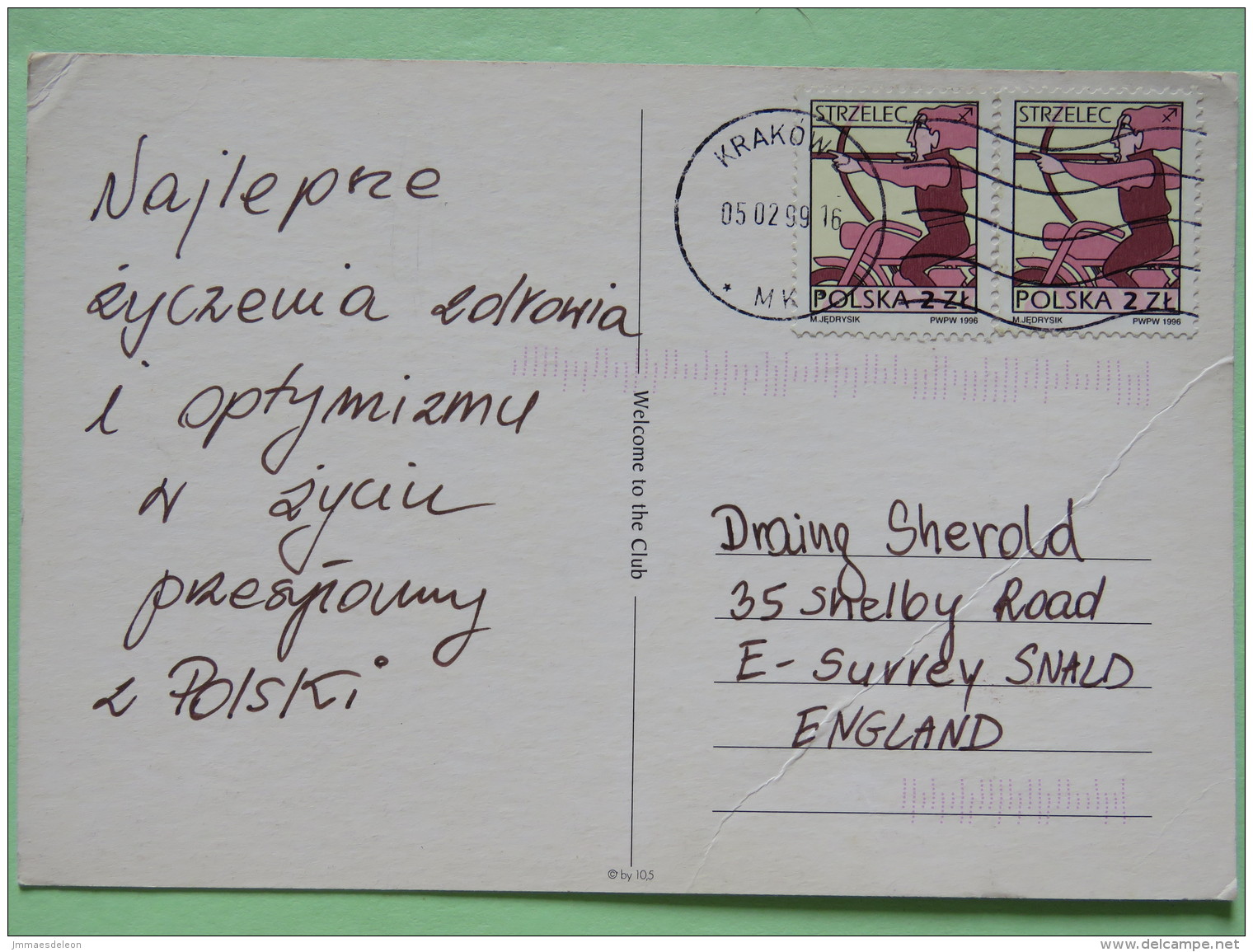 Poland 1999 Postcard With High Franking ""everything In Place 10,5"" Krakow To England - Zodiac Sagittarius With Bow And - Poland