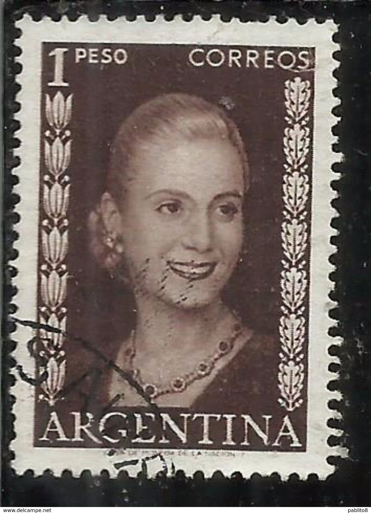 ARGENTINA 1952 1953 EVA PERON PESO 1p USATO USED OBLITERE' - Used Stamps