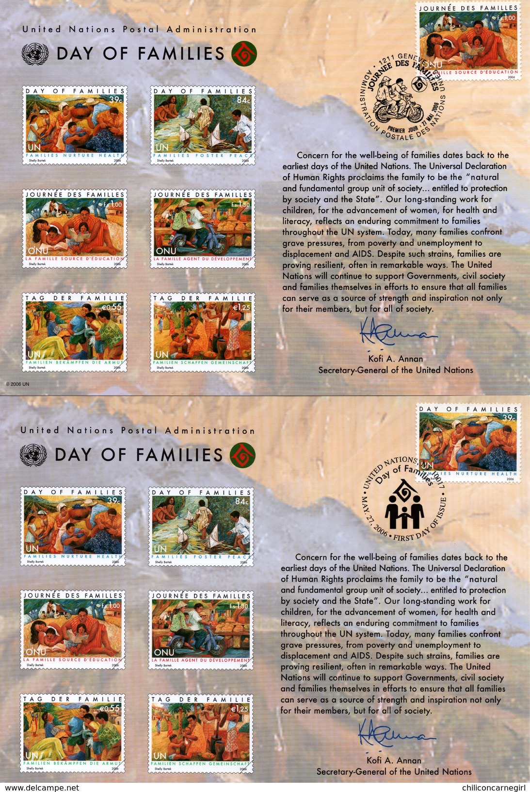 3 Encarts - FDC - Day Of Families - Wien - Genève - New York - KOFI A. ANNAN - 2006 - APNU - Emissions Communes New York/Genève/Vienne
