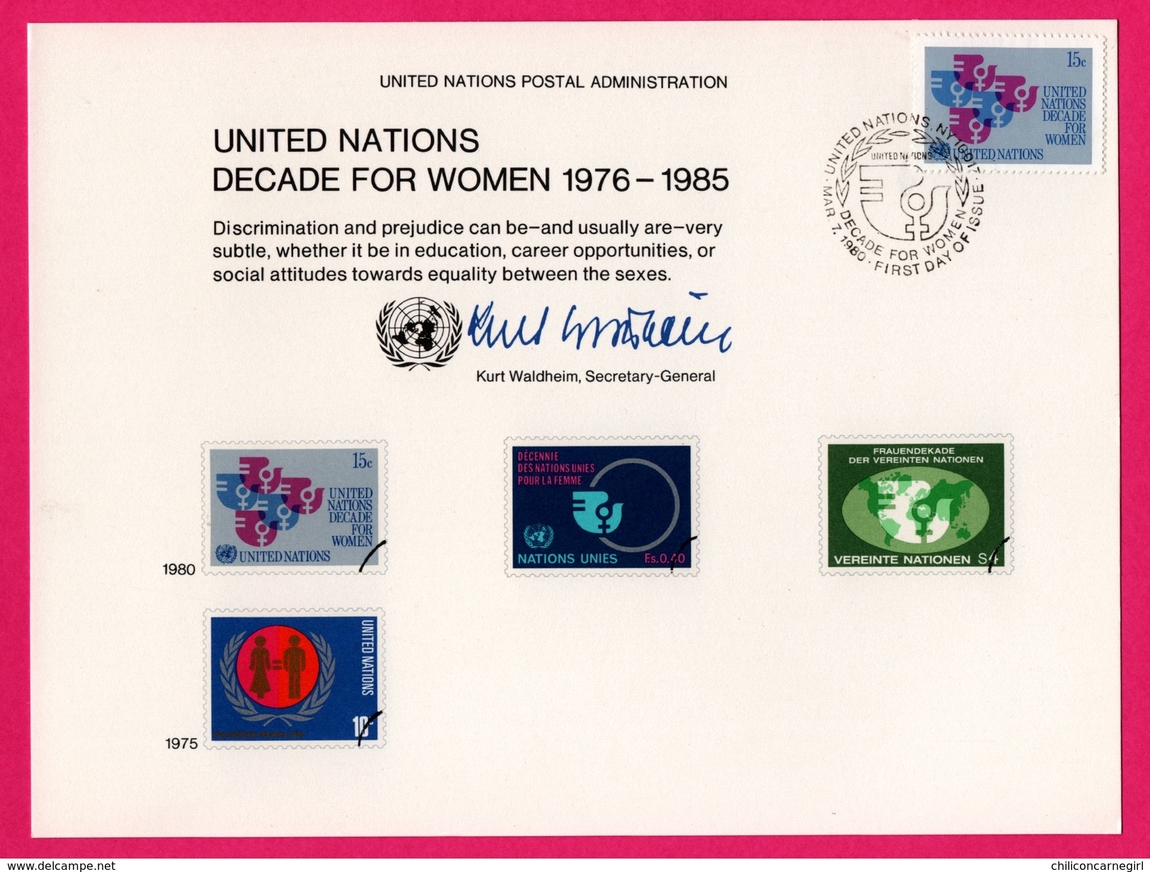 3 Encarts - FDC - United Nations Decade For Women 1976-1985 - KURT WALDHEIM - New York - Genève - Wien 1980 - APNU - Emissions Communes New York/Genève/Vienne