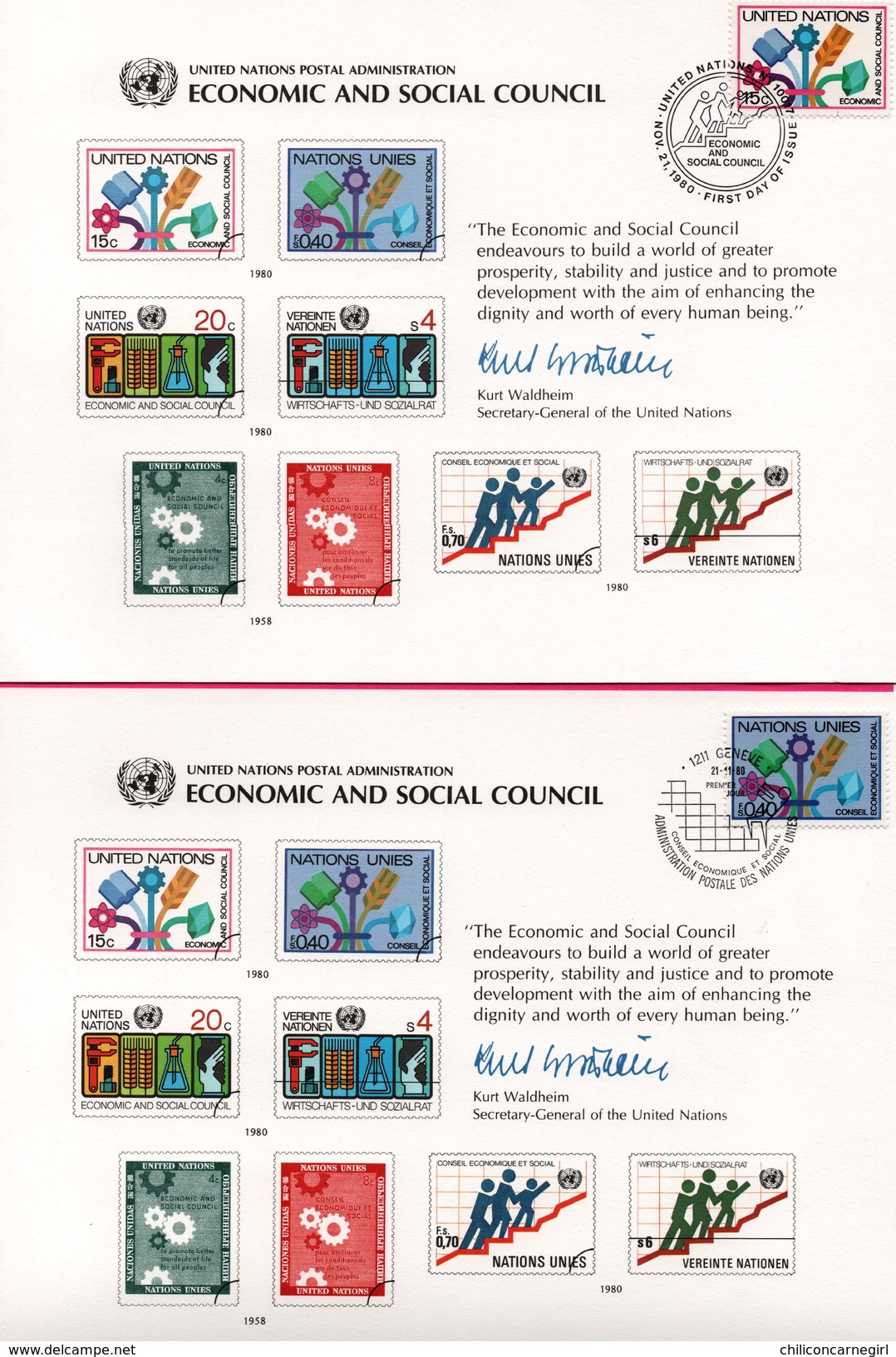 5 Encarts - FDC - Economic And Social Council - KURT WALDHEIM - New York - Genève - New York 1980  - APNU - Emissions Communes New York/Genève/Vienne