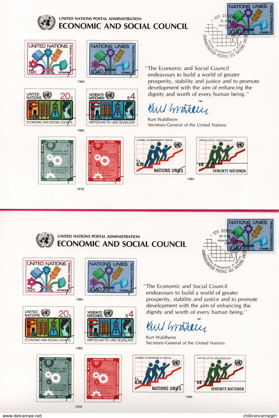 5 Encarts - FDC - Economic And Social Council - KURT WALDHEIM - New York - Genève - New York 1980  - APNU - Emissions Communes New York/Genève/Vienne