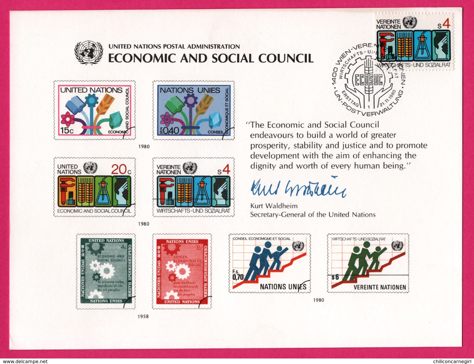 5 Encarts - FDC - Economic And Social Council - KURT WALDHEIM - New York - Genève - New York 1980  - APNU - Emissions Communes New York/Genève/Vienne